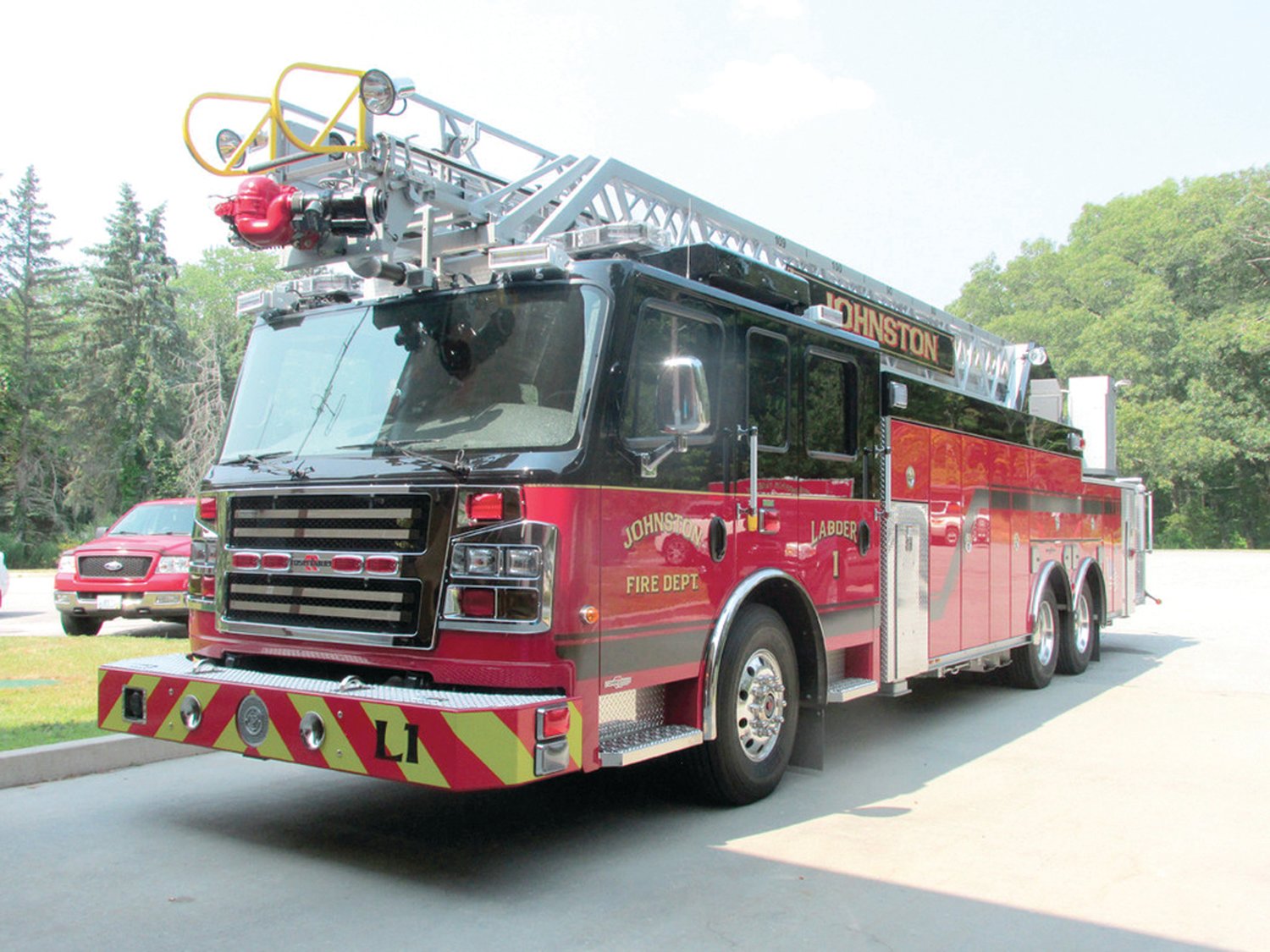 NEW ADDITION (2015): The Fire Department’s fleet now includes this state-of-the-art 2014 Rosenbauer ladder truck.
UPDATE: This truck will be replaced with a new Spartan ladder truck.